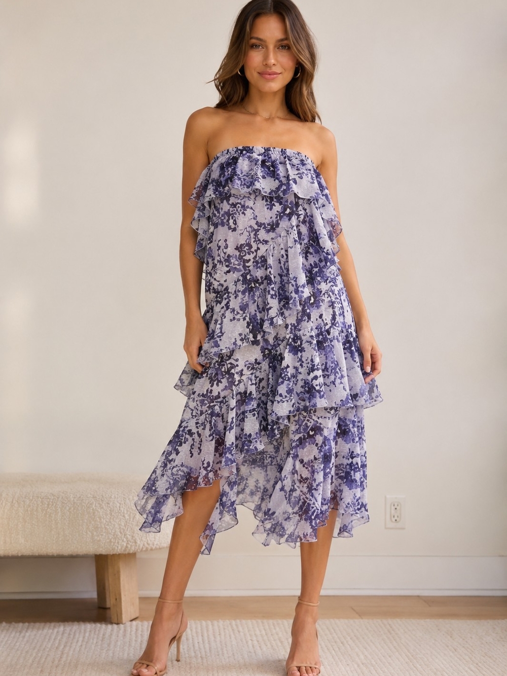 Misa Los Angeles Lavender Floral Tiered Ruffle Midi Dress